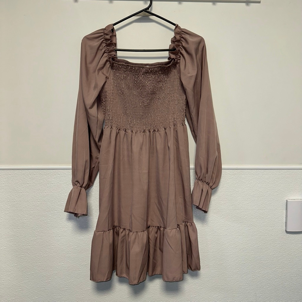Women's Smocked Square Neck Dress Mauve Size Medium babydoll long sleeve Boho - Picture 13 of 14